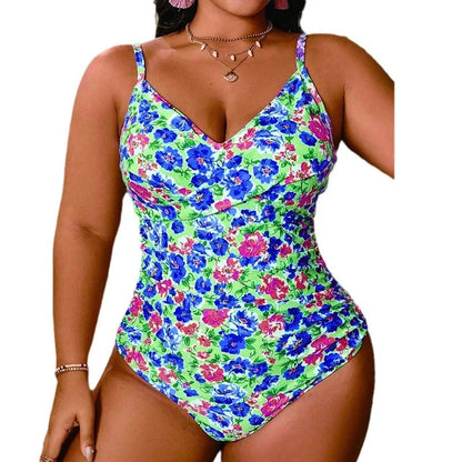 Floral V Collar Hot Spring Bathing Suit Slim Looking Belly Covering Conservative plus Size Bathers