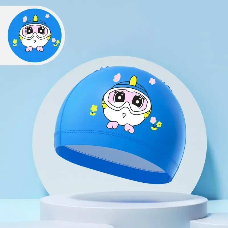 Children's Swimming Caps Boys Girls Kids Cartoon Swim Hat High Elastic Ear Protection PU Waterproof Swimming Cap