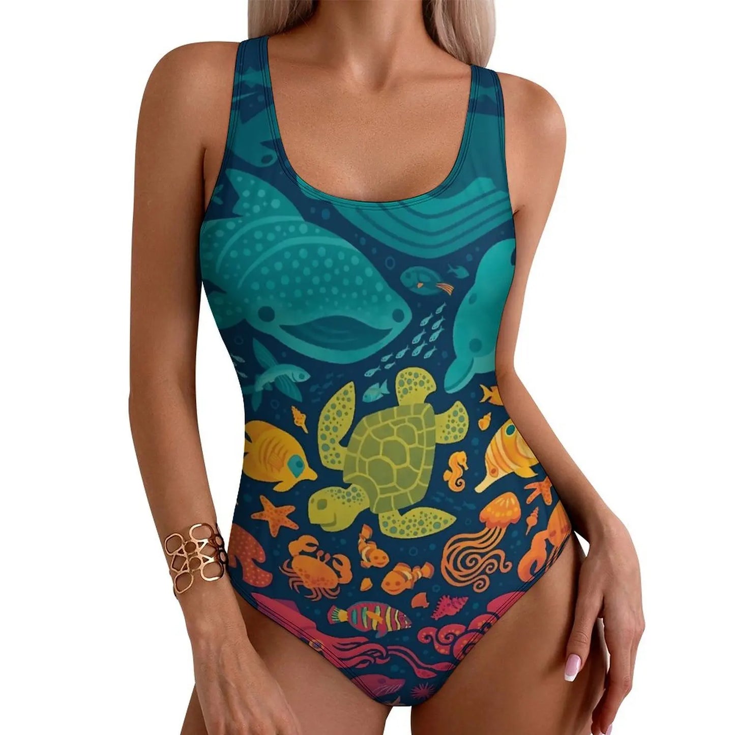 Rainbow Sea Fish Swimsuit Cute Animal Print One-Piece Swimwear Push Up Bodysuit Kawaii Holiday Rave Bathing Suit