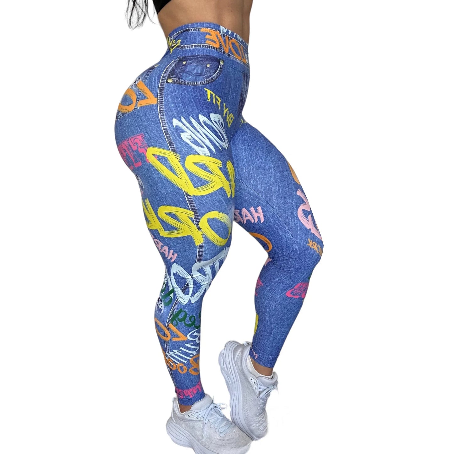 Women Semales Slim Legging Imitation Denim Printed High Waist Yoga Pants