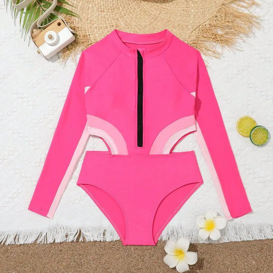 Long Sleeves Girls Swimsuit One Piece Hollow Kids Swimwear Female Children's Bathers Bathing Swimming Swim Suit Beachwear
