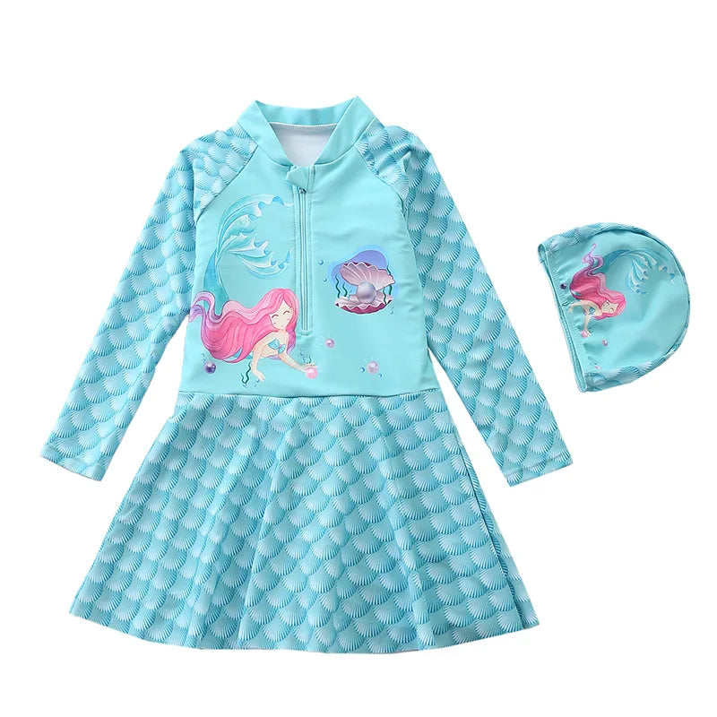 Mermaid Swimsuit for Girls Long Sleeves Children's Swimwear Front Zipper One-Piece Swimming Dresses Summer Beach Bathing Suit