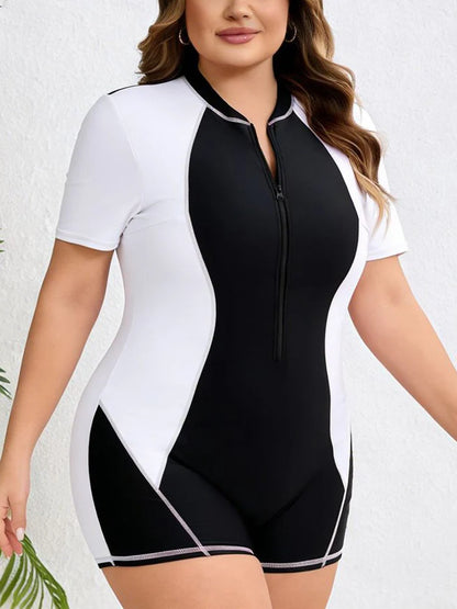Women Short Sleeve Plus Size Swimwear Print Patchwork Large One Piece Swimsuit Lady Zipper Beach Curvy Bathing Suit