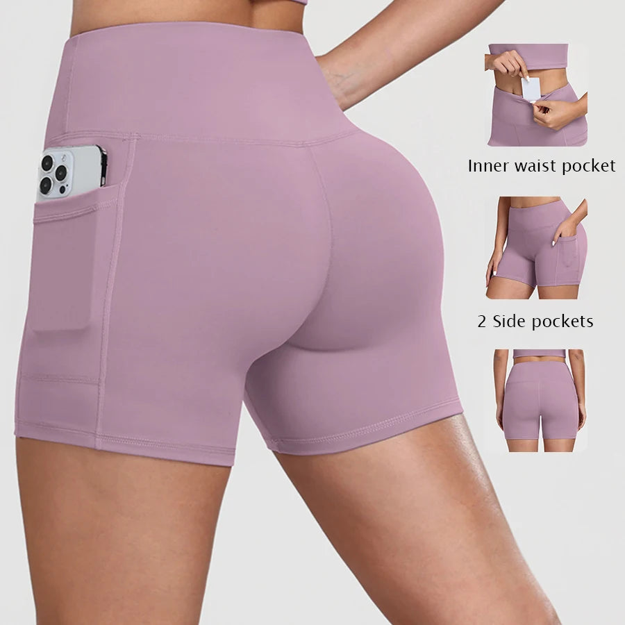 Women Yoga Shorts with Pockets Inner Waist Pocket Tummy Control Butt Lifting Workout Tights Gym Elastic Biker Shorts Activewear