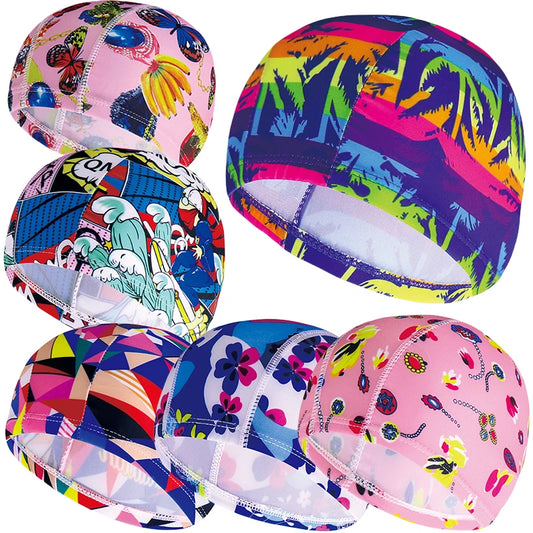 Men Women Fabric Swimming Caps Multi Colors Patterns Printed Swim Pool Water Sports Bathing Hat Elastic Nylon Swim Cap for Adults