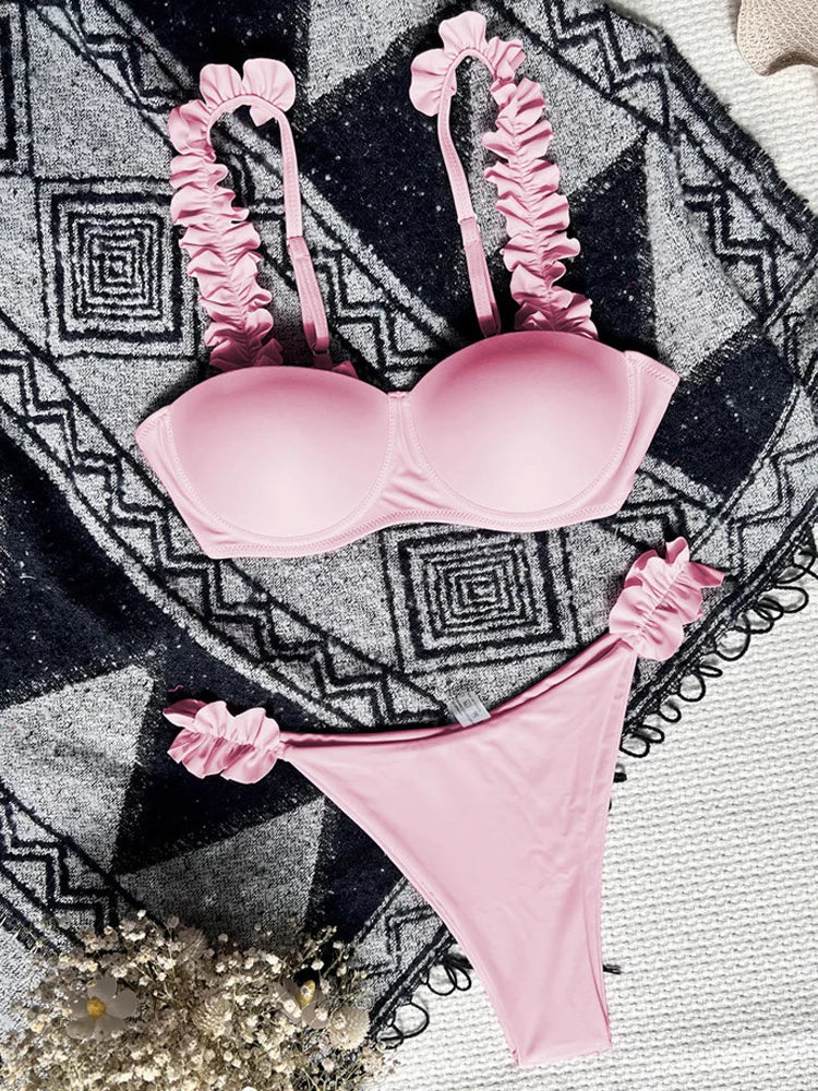 Pink Ruffle Bikini Women Push Up Swimsuit Female High Cut Solid Swimwear Beach Back Tied Bathing Suit Swim