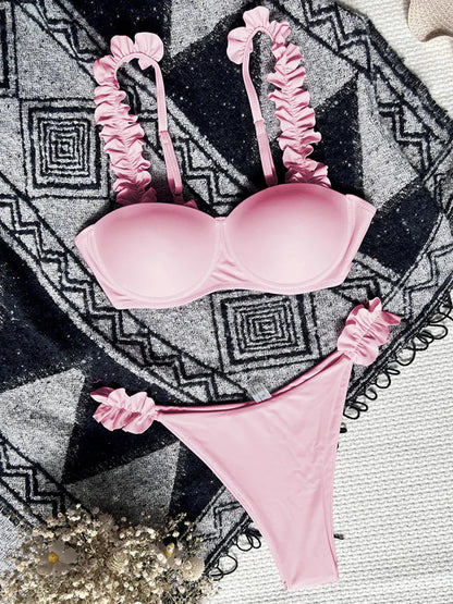 Pink Ruffle Bikini Women Push Up Swimsuit Female High Cut Solid Swimwear Beach Back Tied Bathing Suit Swim
