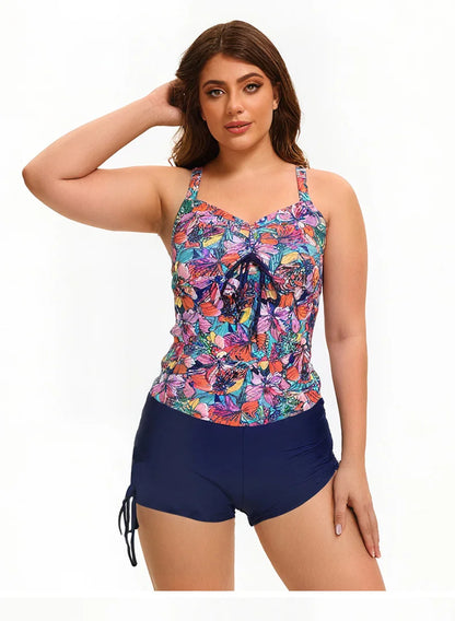 Women's Plus Size Printed Tankini Swimsuit - Crisscross Back Top + Tie-Side High-Waist Shorts, Flattering Swimwear for Beach
