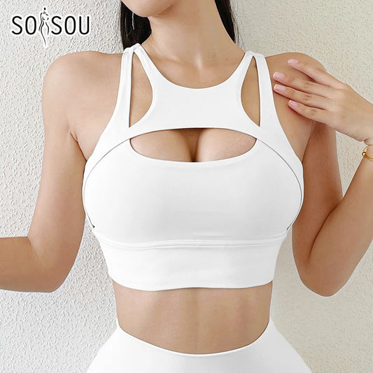 SOISOU Nylon Gym Bra For Women Yoga Sport Top Women Tight Elastic Breathable Chest Pad Removable Crop Top 5 Colors