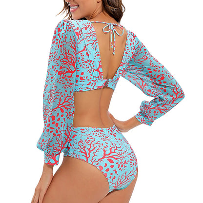 One Piece Monokini Vintage Women Long Sleeve Swimwear Cut Out Swimsuit Deep V Monokini Surfing Beachwear