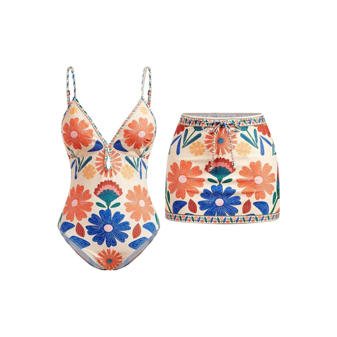 S - XL New Floral Printed With Skirt Women Swimwear One Piece Swimsuit Female V Neck High Leg Cut Bather Bathing Suit Swim V8041