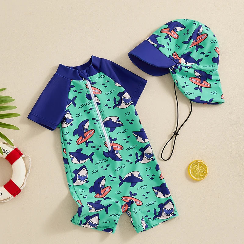 0-3Y Summer Baby Boys Beach Swimwear Casual Color Patchwork Shark/Tree Print Short Sleeve Zip Up Bathing Suit