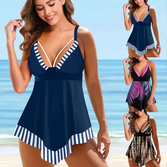 Summer High Quality Fashion Casual Vacation Swimsuit Women's Navy Plain Printed Tankini Bikini Two Piece Set S-6XL