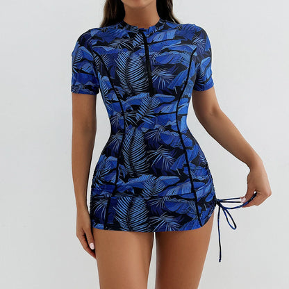Floral Women Swimsuits Sun Protection Female Short Sleeves Swimwear Surfing Sports Pool Beachwear Two-Piece Bathing Suits