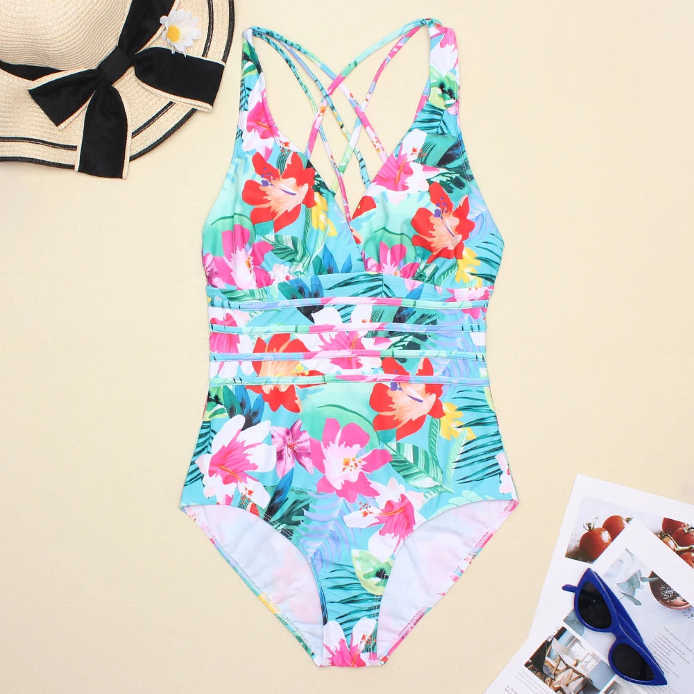 Women Printed One Piece Swimwear Backless Swimsuit V Neck Summer Beach Wear Slimming Bathing Suit S~XXL