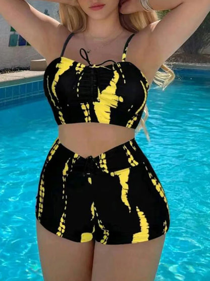 Print String Bikini Swimsuit Women High Waist Shorts Swimwear Female Bathers Bathing Swimming Swim Suit Beachwear