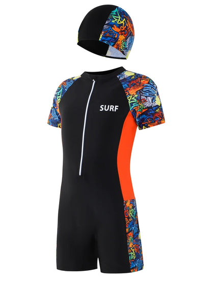 One Piece Boy Kids Swimsuit Solid Print Short Sleeves Children Swimwear Summer Zipper Beach Wear Bathing Suit Swimming