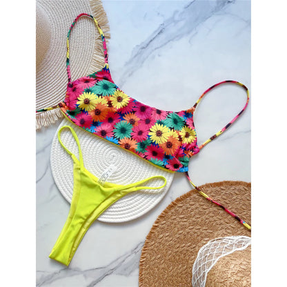 Flowers Printed Mini Thong High Cut Bikini Female Swimsuit Women Swimwear Two-pieces Bikini set Bather Bathing Suit Swim
