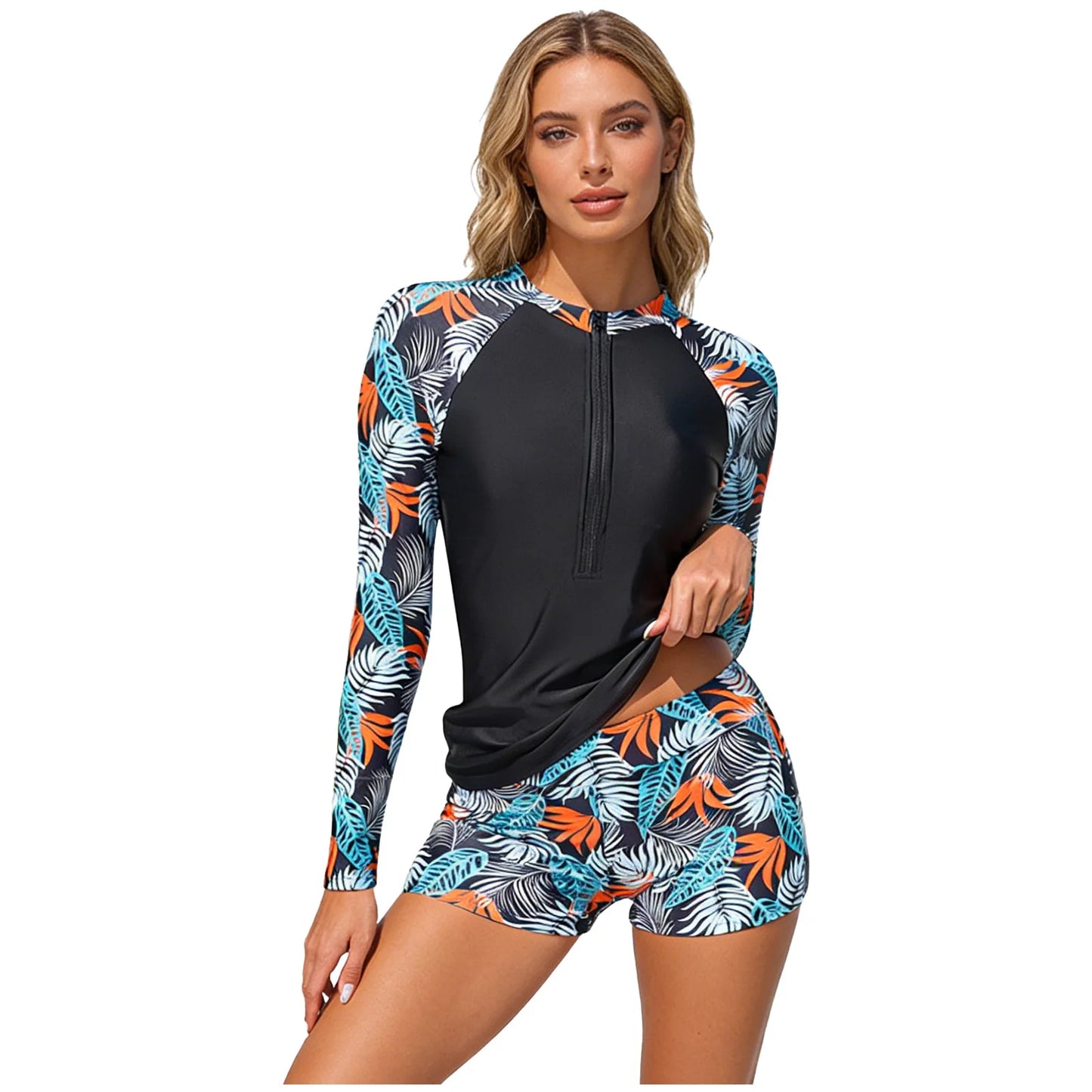 Women's Rash Guard Swimsuit Two Pieces Swimwear Floral Print Long Sleeve Half Zipper Top with Short Bathing Suit Swim Outfit