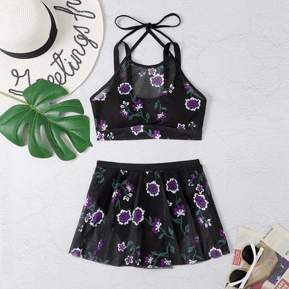 Floral Printed Two Pieces Swimsuit Women  Halter Swimwear Skirt Female Bathers Bathing Swimming Suit Beachwear Summer