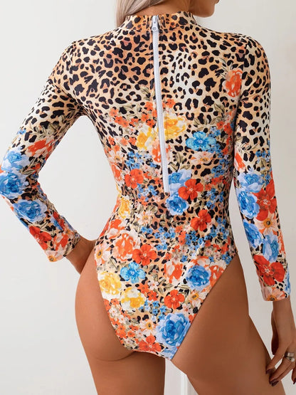 Floral Leopard Print Swimsuit Women One Piece Long Sleeve With Zipper Swimwear Female Monokini Bathing Swim Suit Beachwear