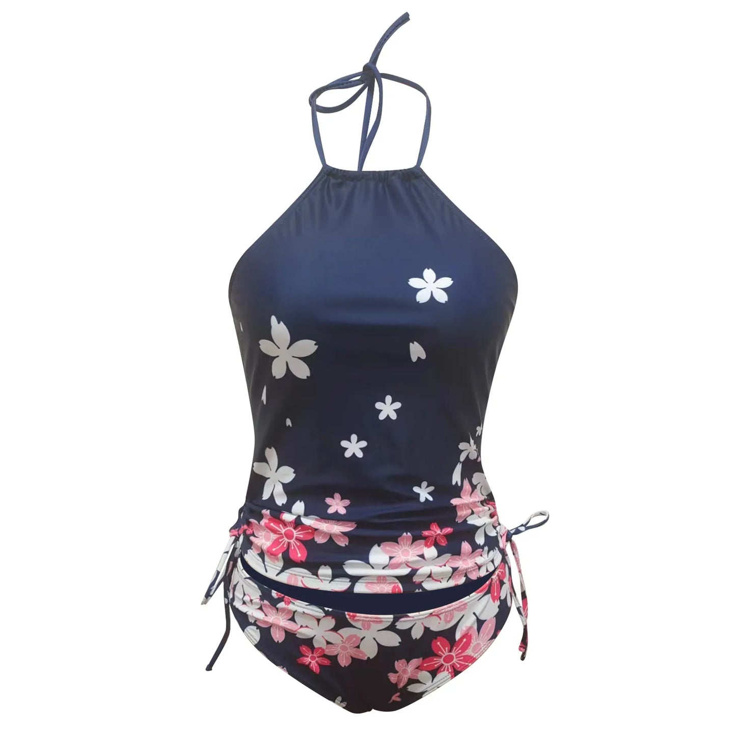 2 PC Tankinis Women Slim Fit Floral Printed Casual Swim Tops With Swim Pants Summer Drawstring Backless Conservative Swimwear