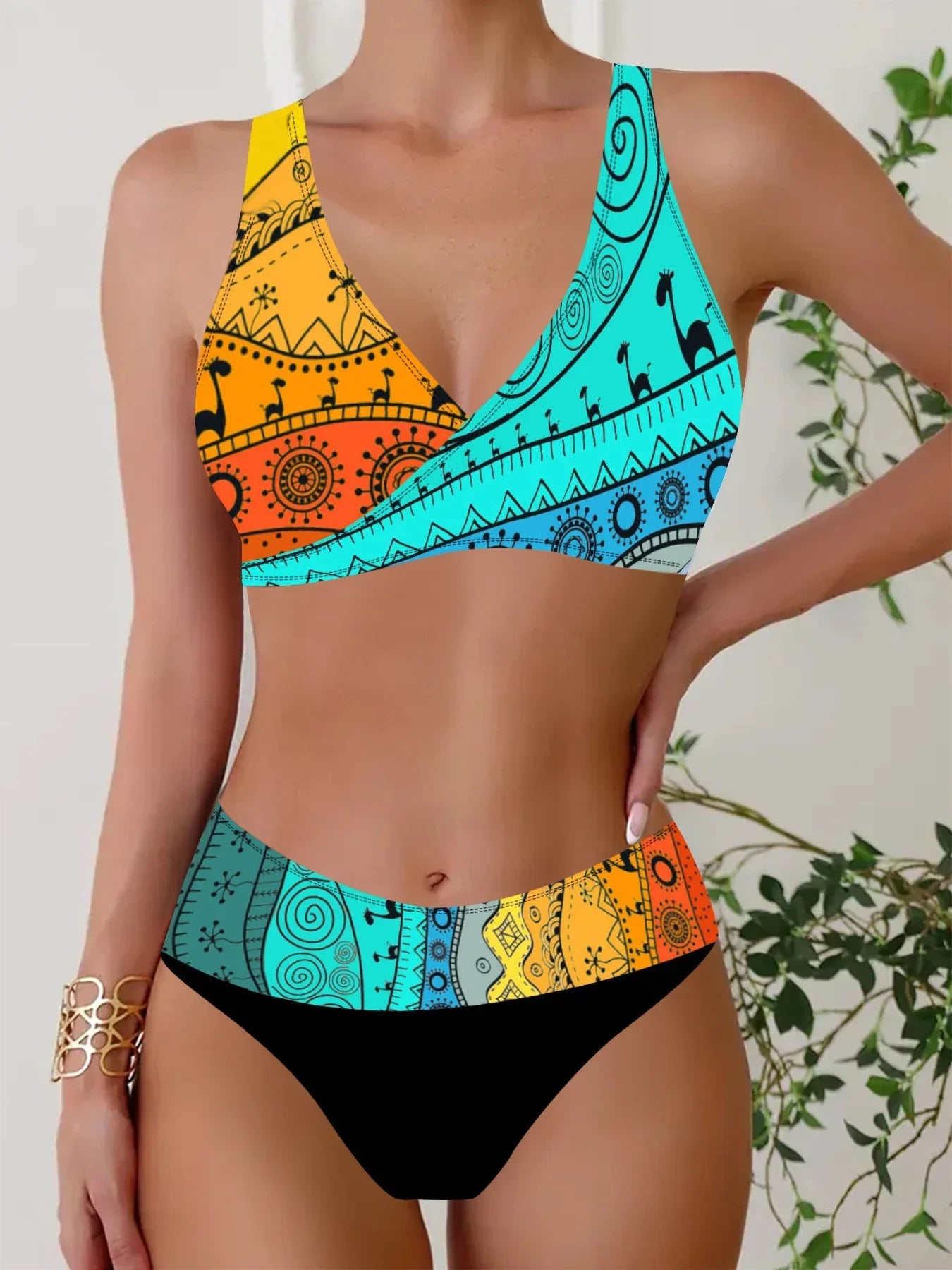 Women's Fashion Casual Blue and White Graffiti Print Women's Vacation Swimwear Two Piece Bikini Set S-5XL