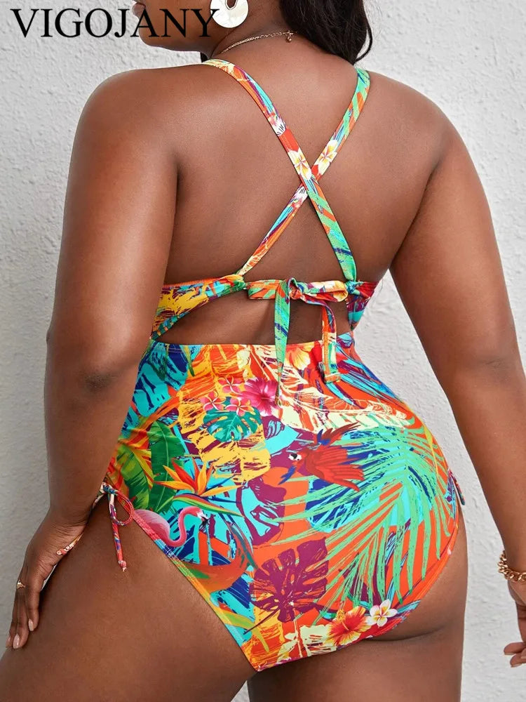 Strapped Plus Size Swimwear Women Back Cross Hollow Large One Piece Swimsuit Summer Beach Big Bathing Suit
