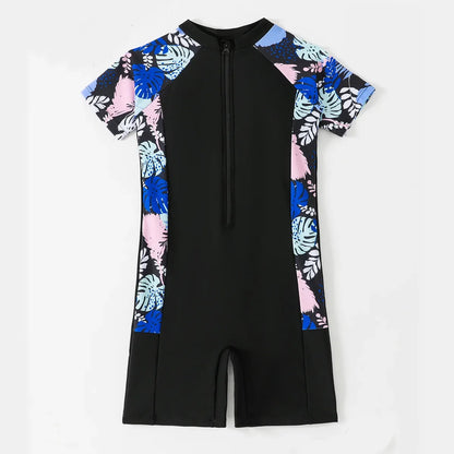 Kids Girls One Piece Swimsuit Short Sleeve Swimwear Boyleg Sports Rash guard Shorty Children Surfing Suits 7-12 Years Jumpsuit