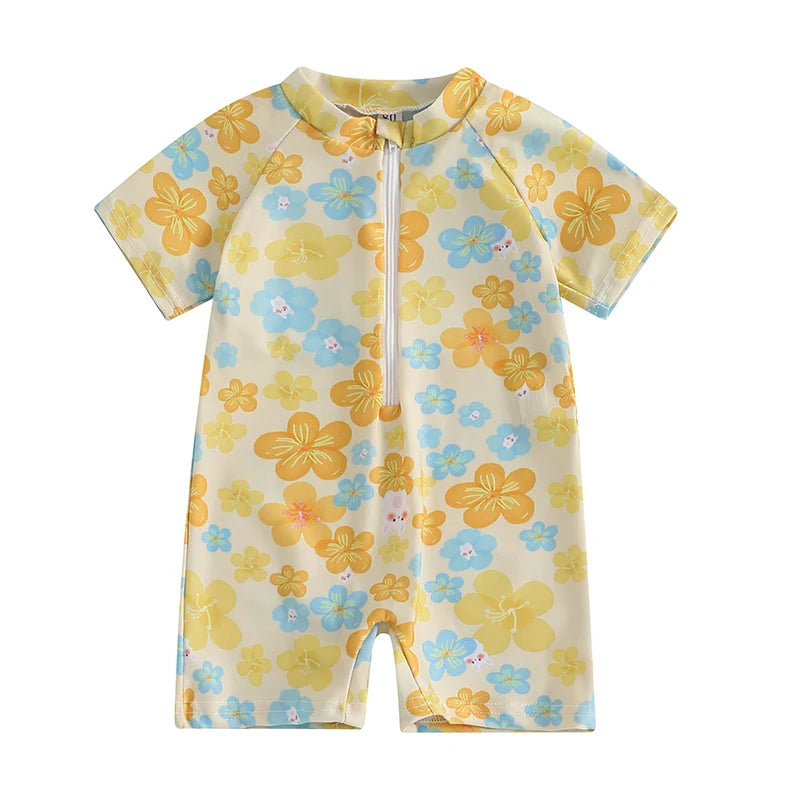 0-3Years Baby Boy Girl Rash Guard Swimsuits Fashion Print Short Sleeve Zip Up Rompers Bathing Suit Toddlers Swimwears Beachwear