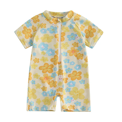 0-3Years Baby Boy Girl Rash Guard Swimsuits Fashion Print Short Sleeve Zip Up Rompers Bathing Suit Toddlers Swimwears Beachwear