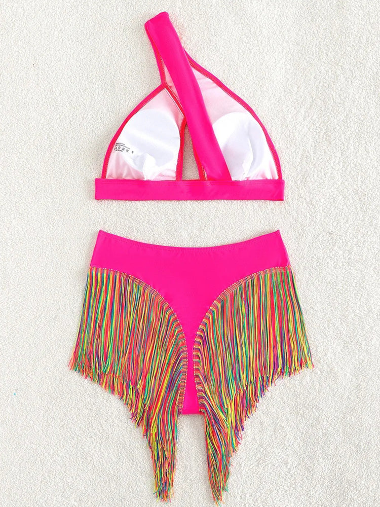 Fringe Tassel One Shoulder High Waist Bikini Women Swimwear Female Swimsuit Two-pieces Bikini Set Hollow Out Bathing Suit Swim