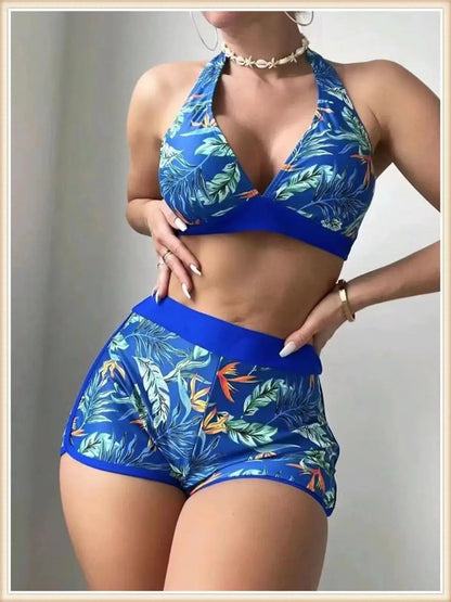 Halter Bikini Women High Waist Swimwear Female Swimsuit Leaf Printed Beachwear Bathing Swimming Suit Summer Beachwear