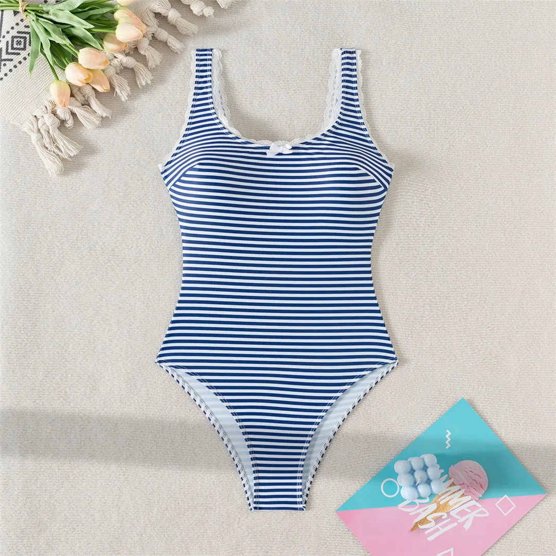 S - XL Striped Lace Backless One Piece Swimsuit Women Swimwear Female High Leg Cut Padded Bather Bathing Suit Swim