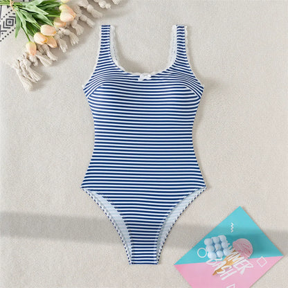 S - XL Striped Lace Backless One Piece Swimsuit Women Swimwear Female High Leg Cut Padded Bather Bathing Suit Swim