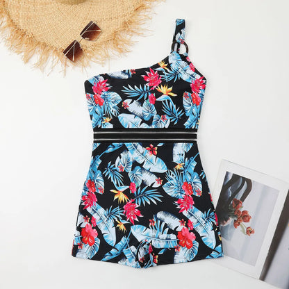 Women's Sloping Shoulder Swimwear One Piece Integrated Design Swimsuit Flower Print High Waisted Outdoor Beach Summer