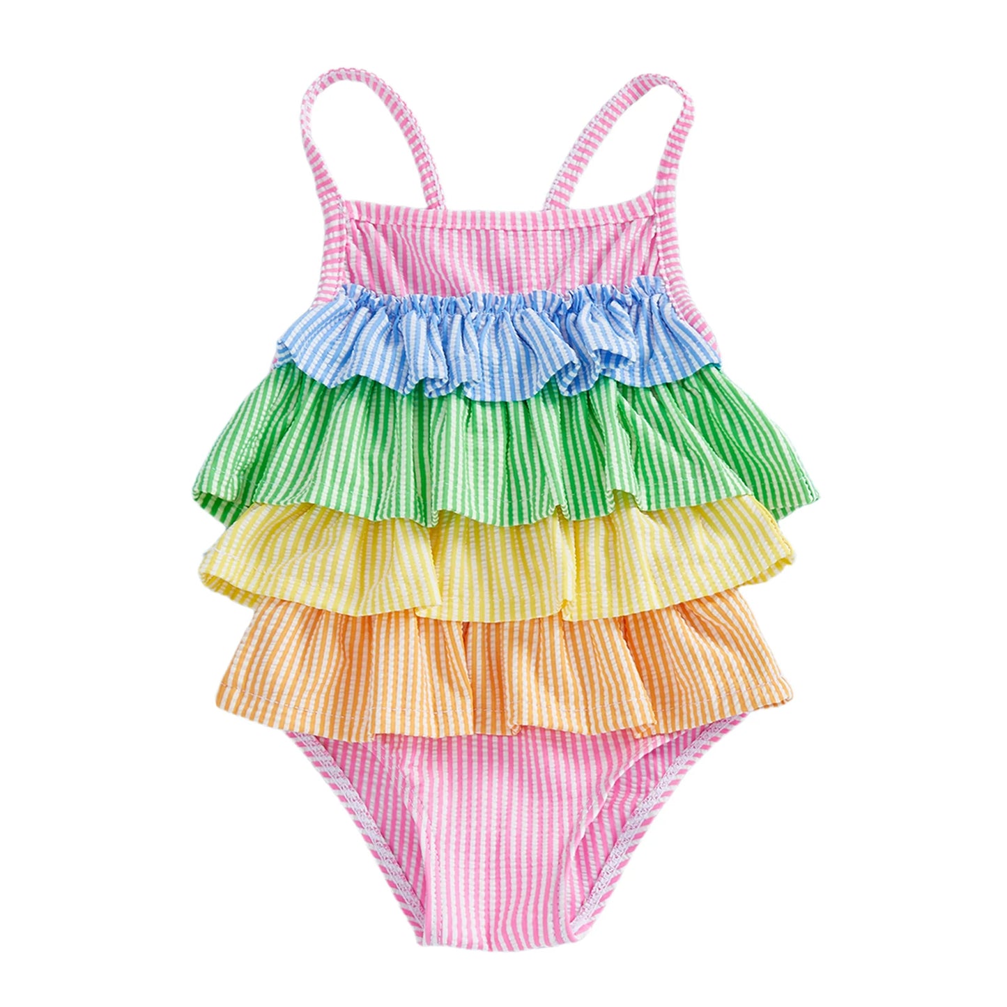 Toddler Little Girls Summer Cami Romper Swimsuit Sleeveless Tiered Colorful Striped/Plaid Swimwear