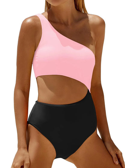 One Shoulder Solid One Piece Swimsuit Women Color Block Hollow Swimwear Female Bathers Bathing Swim Suit Padded Beachwear