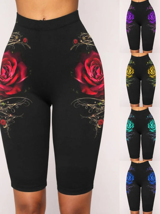 Yoga Shorts Women Casual Rose Print Shorts High Waist Skinny Knee-length Legging Fitness Workout Female Leggings