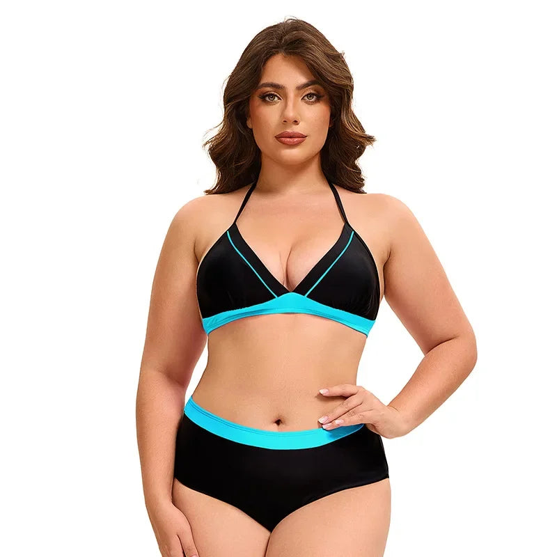 Plus Size Bikini Swimsuit Low Waist Bikini Set Backless Women's Swimsuit Block Color Two-Pieces Swimwear Summer Beach Bathing Suit
