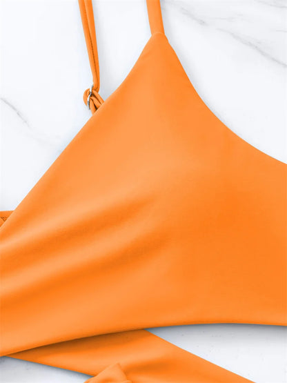 Solid Strapped Bikini Set Push UP Hollow Swimsuit Women Swimwear Biquinis High Waist Backless Bathing Suit