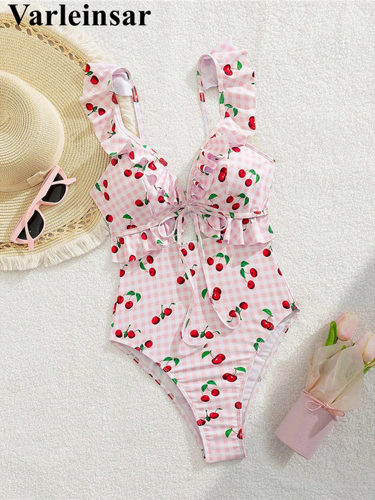 S - XL Cherry Printed Plaid Cut Out One Piece Swimsuit Women Swimwear Female Frilled High Leg Cut Bather Bathing Suit Swim
