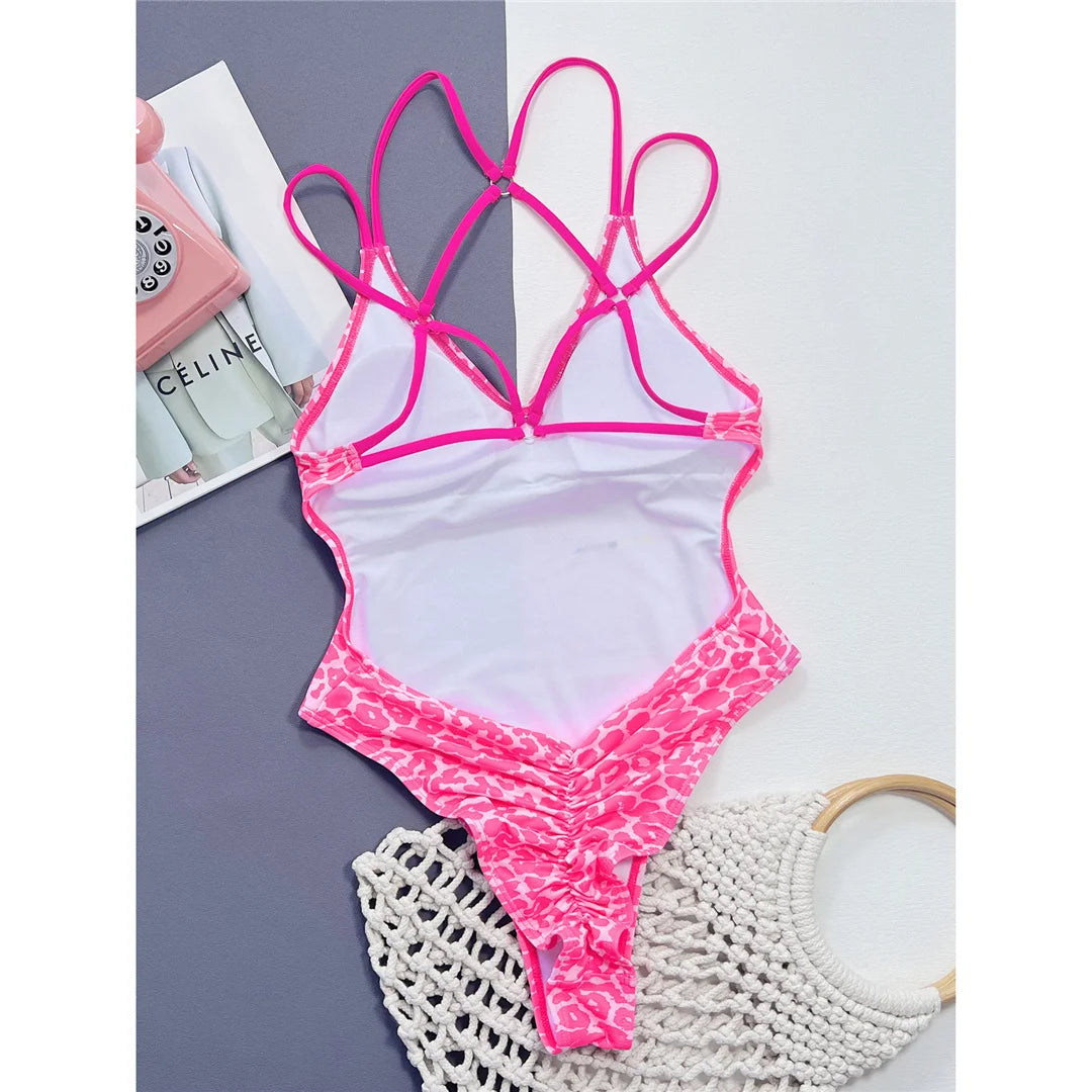 S - XL V Neck Cross Back Scrunch Butt Women Swimwear One Piece Swimsuit Female Monokini High Cut Bather Bathing Suit Swim V4550