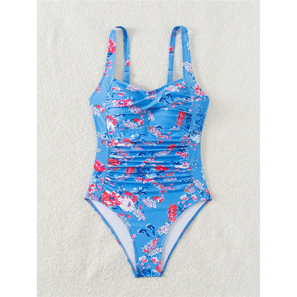 S - XL Flowers Printed Floral Wrinkled One Piece Swimsuit Women Swimwear Female High Leg Cut Bather Bathing Suit Swim