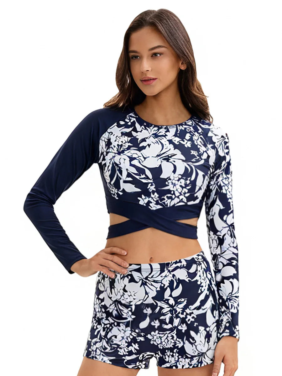 Long-Sleeve Two-Piece Rash Guard Swimsuit for Women, Printed, Conservative, Sun-Protective Surf Suit, High-Waist