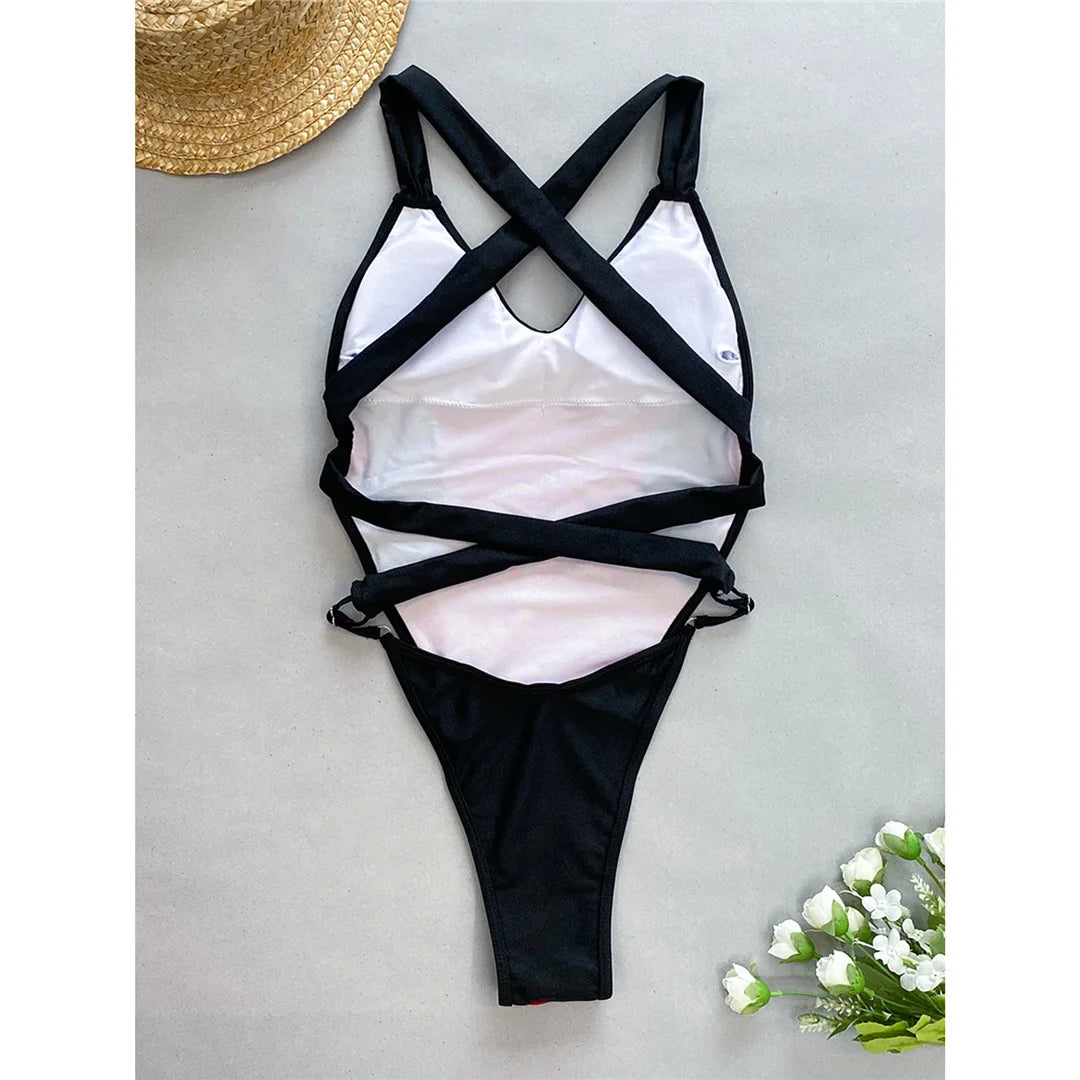 Splicing V Neck Cross Back Women Swimwear One Piece Swimsuit Female High Leg Cut Monokini Bather Bathing Suit Swim