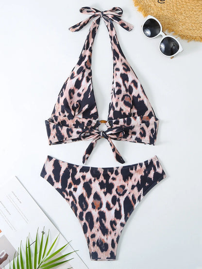 Halter Leopard Two Piece Bikini Women Swimsuit Female Padded Swimwear Bathers Bathing Swimming Swim Suit Summer Beachwear