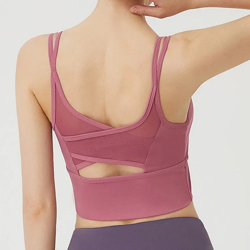 Mesh Breathable Yoga Bra Pilates Crop Bra Yoga Crops Gym Crop Fitness Top Quick Dry Spaghetti Strap Sports Bra