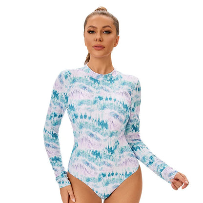 Print Long Sleeve Rash guard Women's Backless One-Piece Swimsuit for Surfing Beach Pool Bathers