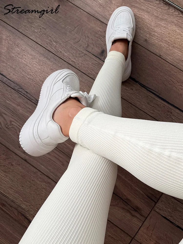 10% Spandex Thermal Leggings Women High Waist Stretch Fitness Tights Spring Black Gym Ribbed Leggings Women Beige